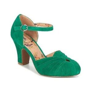 Miss L Fire Green Suede Heeled Shoes W/ Ankle Strap & Floral Lining US 7/EU 38